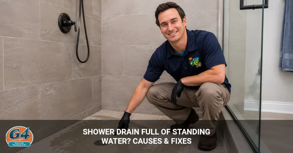 shower drain full of standing water